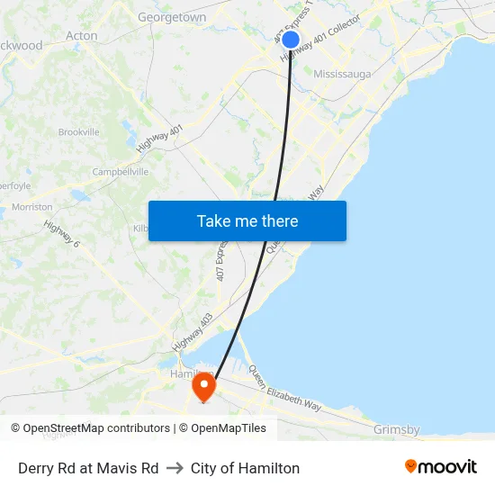 Derry Rd at Mavis Rd to City of Hamilton map