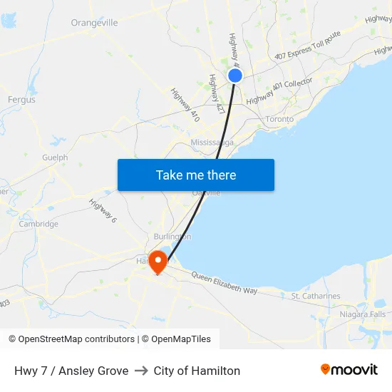 Hwy 7 / Ansley Grove to City of Hamilton map