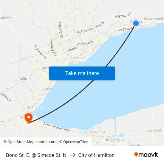 Bond St. E. @ Simcoe St. N. to City of Hamilton map