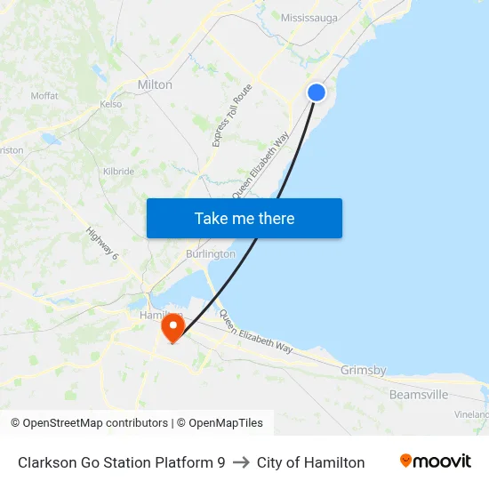 Clarkson Go Station Platform 9 to City of Hamilton map
