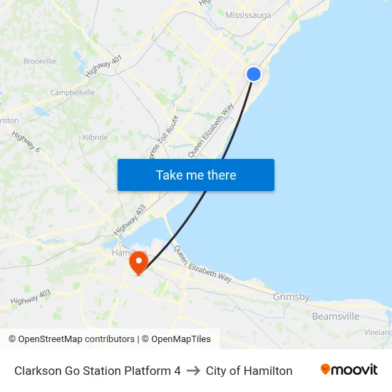 Clarkson Go Station Platform 4 to City of Hamilton map