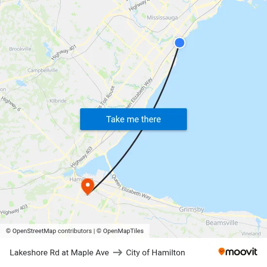 Lakeshore Rd at Maple Ave to City of Hamilton map