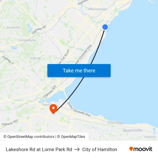 Lakeshore Rd at Lorne Park Rd to City of Hamilton map