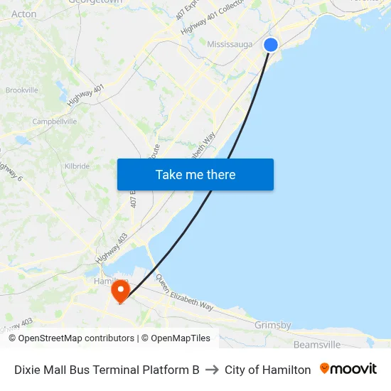 Dixie Mall Bus Terminal Platform B to City of Hamilton map