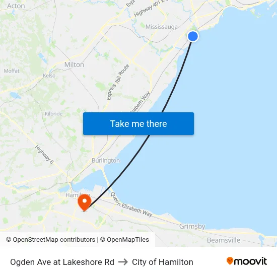 Ogden Ave at Lakeshore Rd to City of Hamilton map