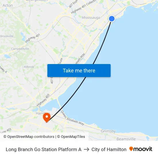 Long Branch Go Station Platform A to City of Hamilton map