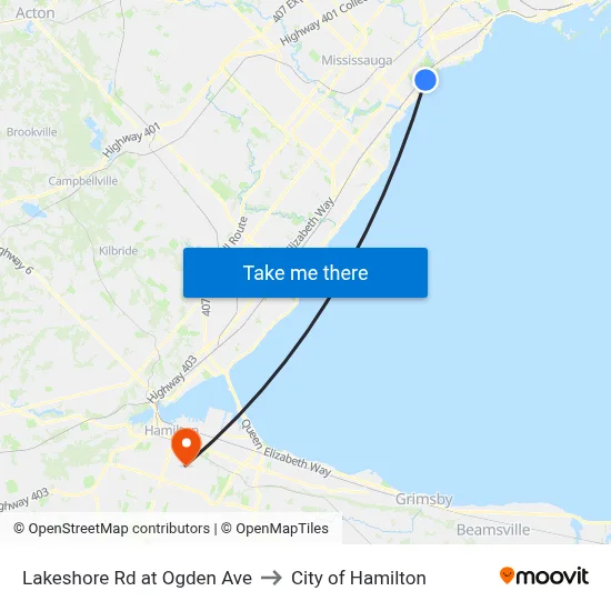 Lakeshore Rd at Ogden Ave to City of Hamilton map