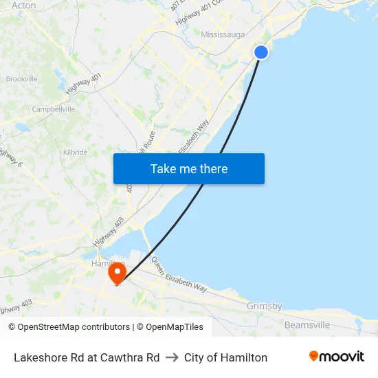 Lakeshore Rd at Cawthra Rd to City of Hamilton map