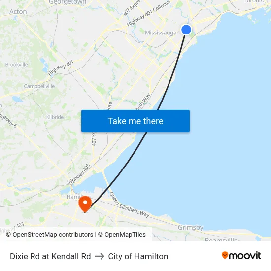 Dixie Rd at Kendall Rd to City of Hamilton map