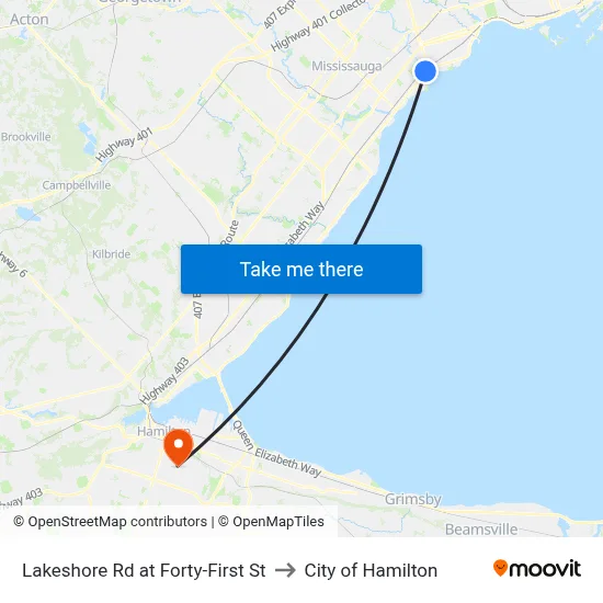 Lakeshore Rd at Forty-First St to City of Hamilton map