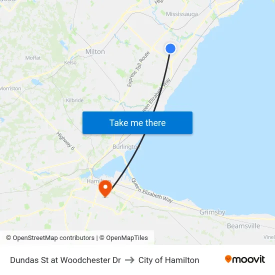 Dundas St at Woodchester Dr to City of Hamilton map