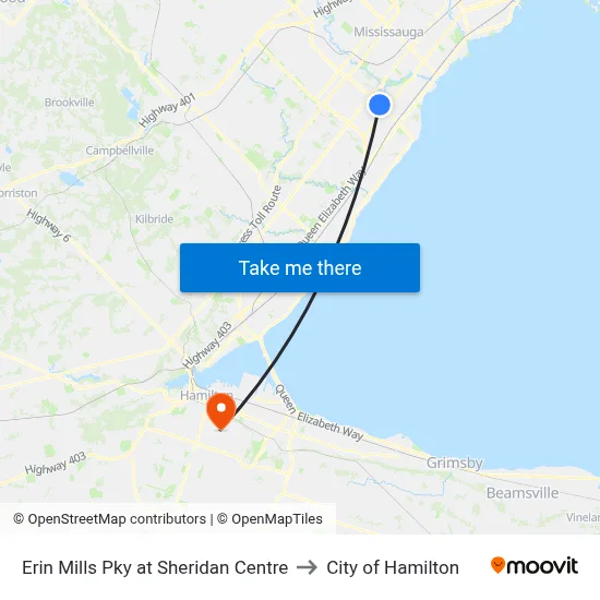 Erin Mills Pky at Sheridan Centre to City of Hamilton map