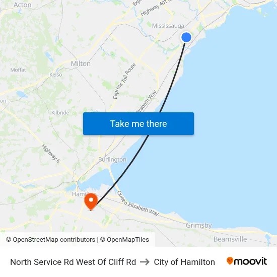 North Service Rd West Of Cliff Rd to City of Hamilton map