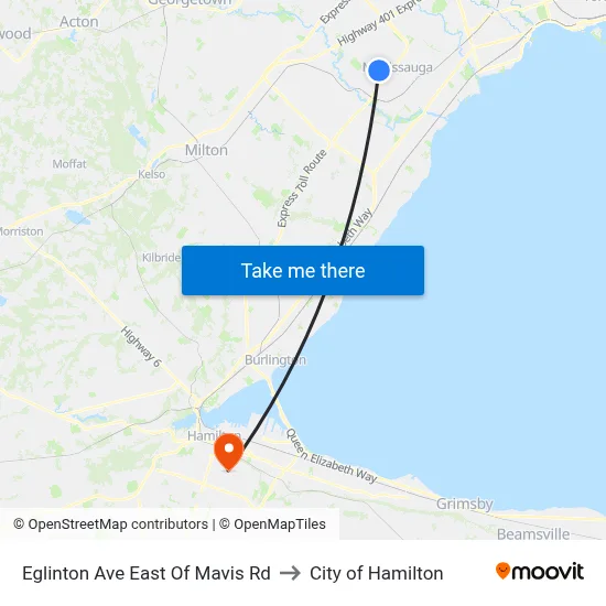 Eglinton Ave East Of Mavis Rd to City of Hamilton map