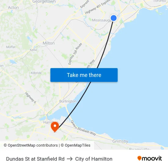 Dundas St at Stanfield Rd to City of Hamilton map