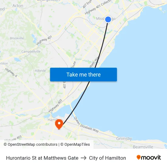 Hurontario St at Matthews Gate to City of Hamilton map