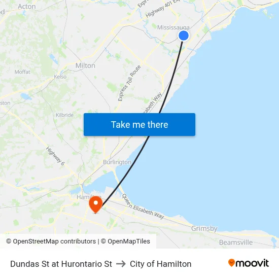 Dundas St at Hurontario St to City of Hamilton map