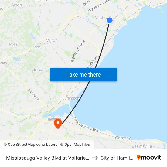 Mississauga Valley Blvd at Voltarie Cres to City of Hamilton map
