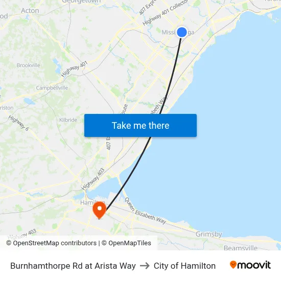 Burnhamthorpe Rd at Arista Way to City of Hamilton map