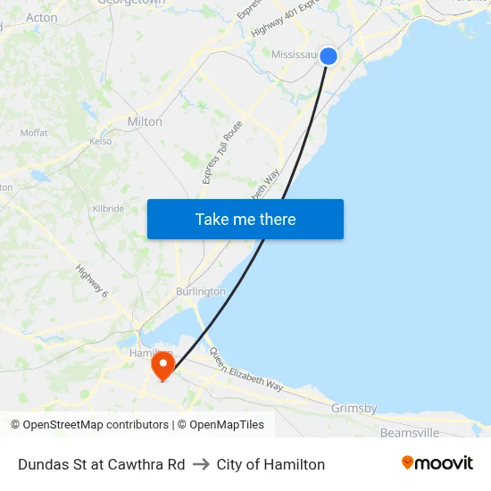 Dundas St at Cawthra Rd to City of Hamilton map