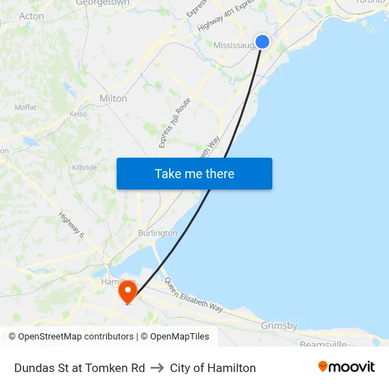 Dundas St at Tomken Rd to City of Hamilton map