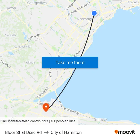 Bloor St at Dixie Rd to City of Hamilton map