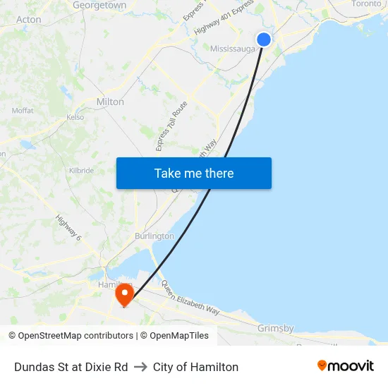 Dundas St at Dixie Rd to City of Hamilton map