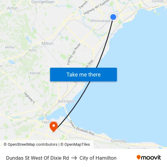 Dundas St West Of Dixie Rd to City of Hamilton map