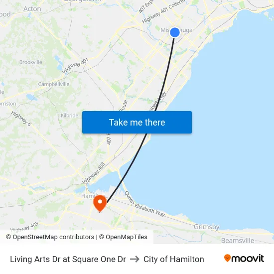 Living Arts Dr at Square One Dr to City of Hamilton map