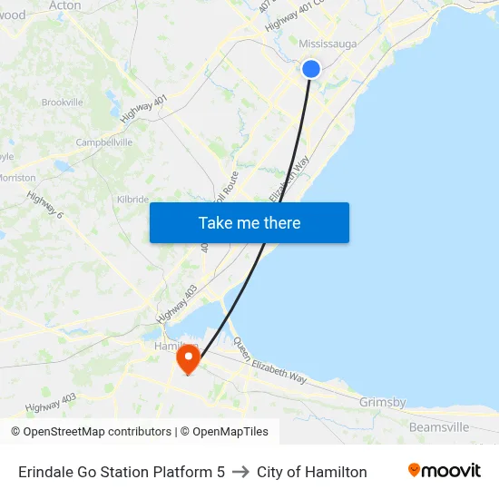 Erindale Go Station Platform 5 to City of Hamilton map