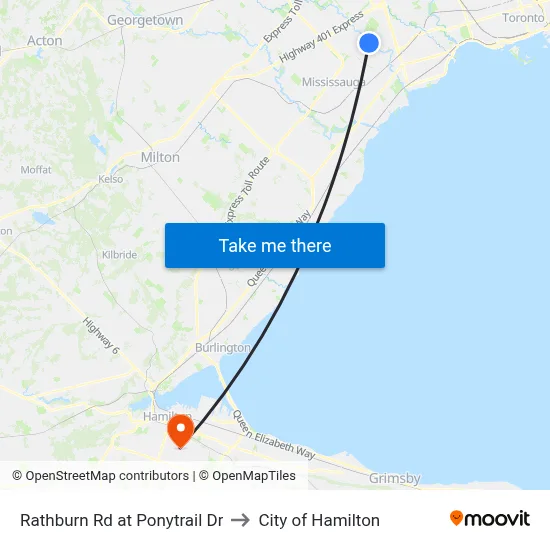 Rathburn Rd at Ponytrail Dr to City of Hamilton map