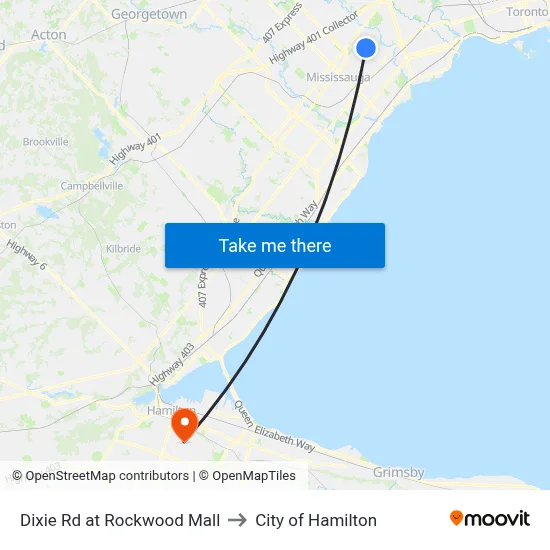 Dixie Rd at Rockwood Mall to City of Hamilton map