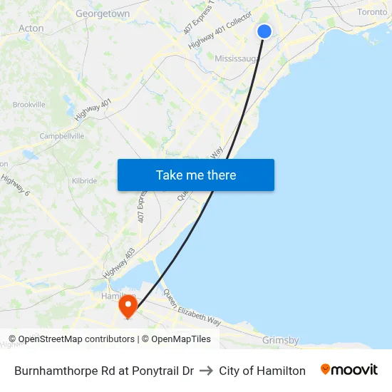 Burnhamthorpe Rd at Ponytrail Dr to City of Hamilton map