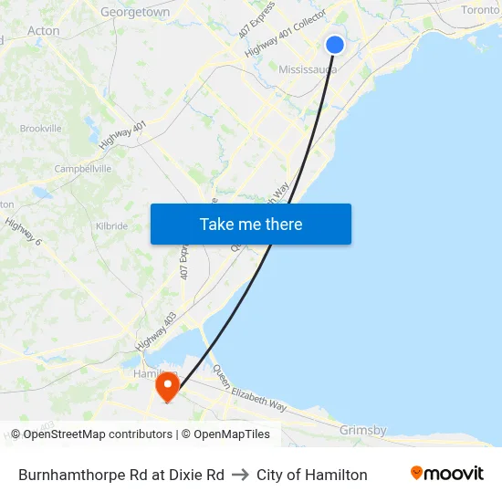 Burnhamthorpe Rd at Dixie Rd to City of Hamilton map