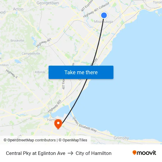 Central Pky at Eglinton Ave to City of Hamilton map