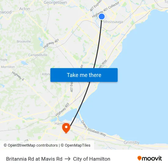 Britannia Rd at Mavis Rd to City of Hamilton map