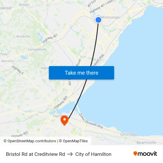 Bristol Rd at Creditview Rd to City of Hamilton map