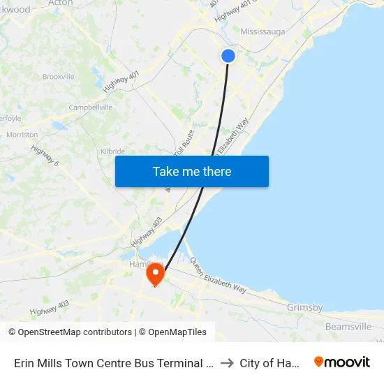 Erin Mills Town Centre Bus Terminal Platform C to City of Hamilton map