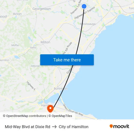 Mid-Way Blvd at Dixie Rd to City of Hamilton map