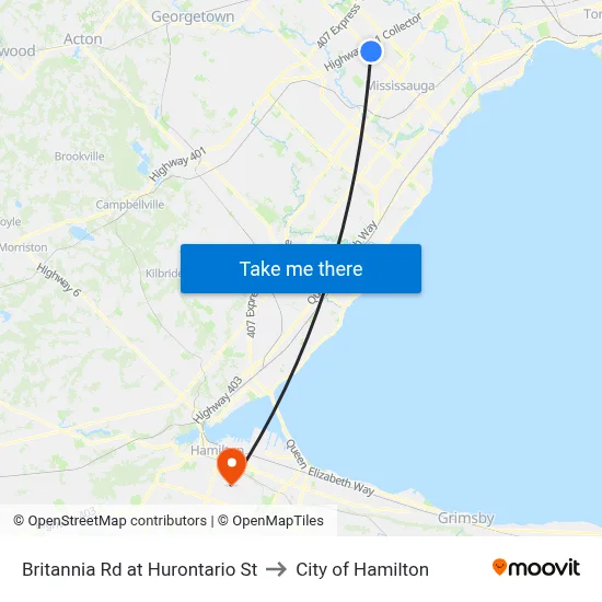 Britannia Rd at Hurontario St to City of Hamilton map