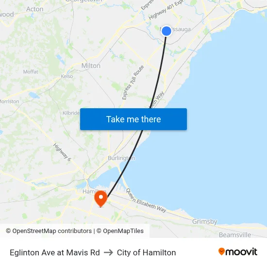 Eglinton Ave at Mavis Rd to City of Hamilton map