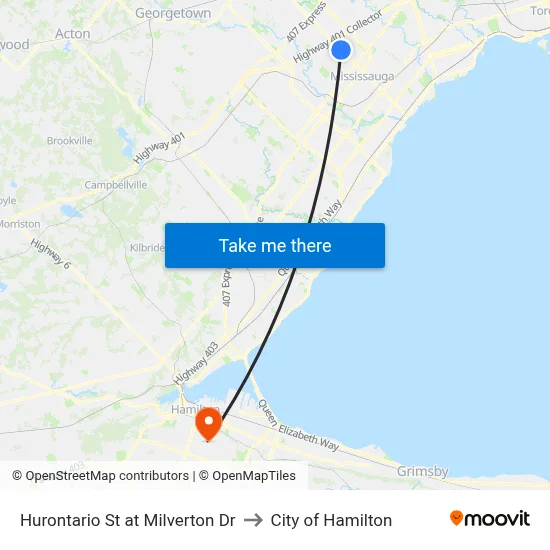 Hurontario St at Milverton Dr to City of Hamilton map