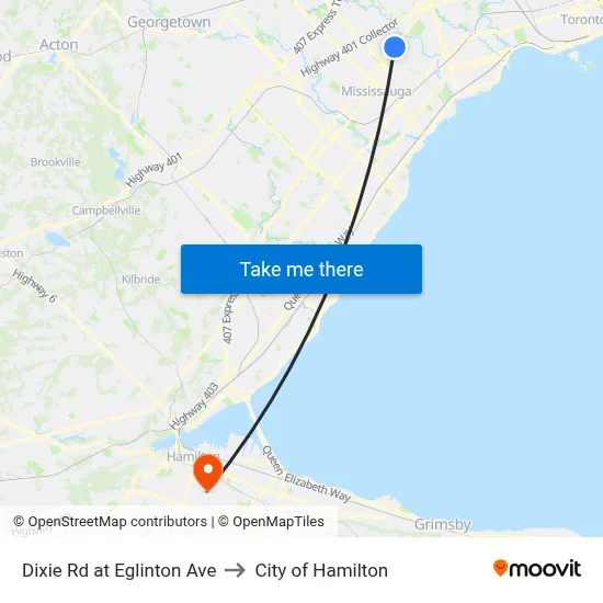 Dixie Rd at Eglinton Ave to City of Hamilton map