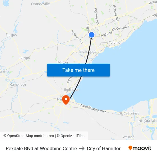 Rexdale Blvd at Woodbine Centre to City of Hamilton map