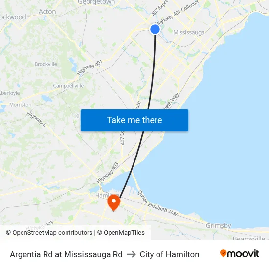 Argentia Rd at Mississauga Rd to City of Hamilton map