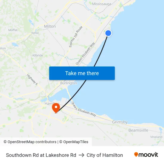 Southdown Rd at Lakeshore Rd to City of Hamilton map