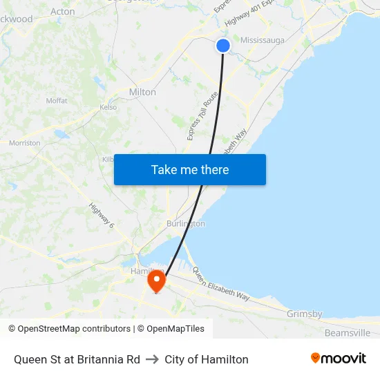 Queen St at Britannia Rd to City of Hamilton map