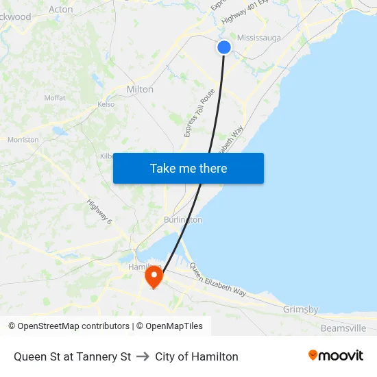 Queen St at Tannery St to City of Hamilton map