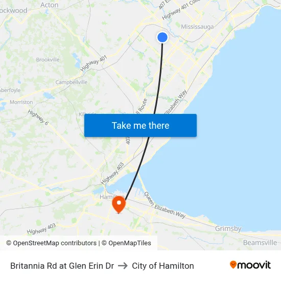 Britannia Rd at Glen Erin Dr to City of Hamilton map