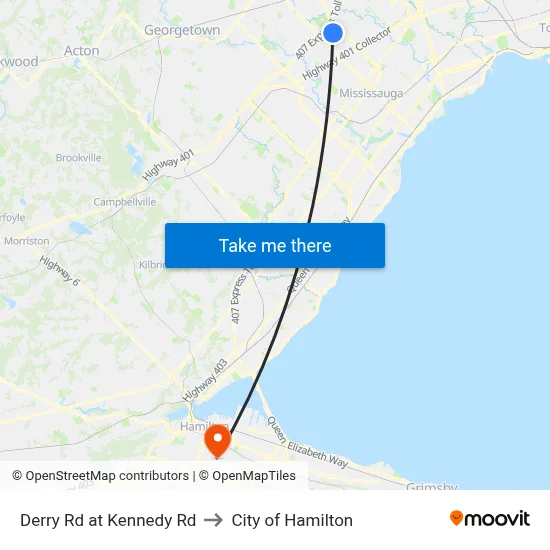 Derry Rd at Kennedy Rd to City of Hamilton map